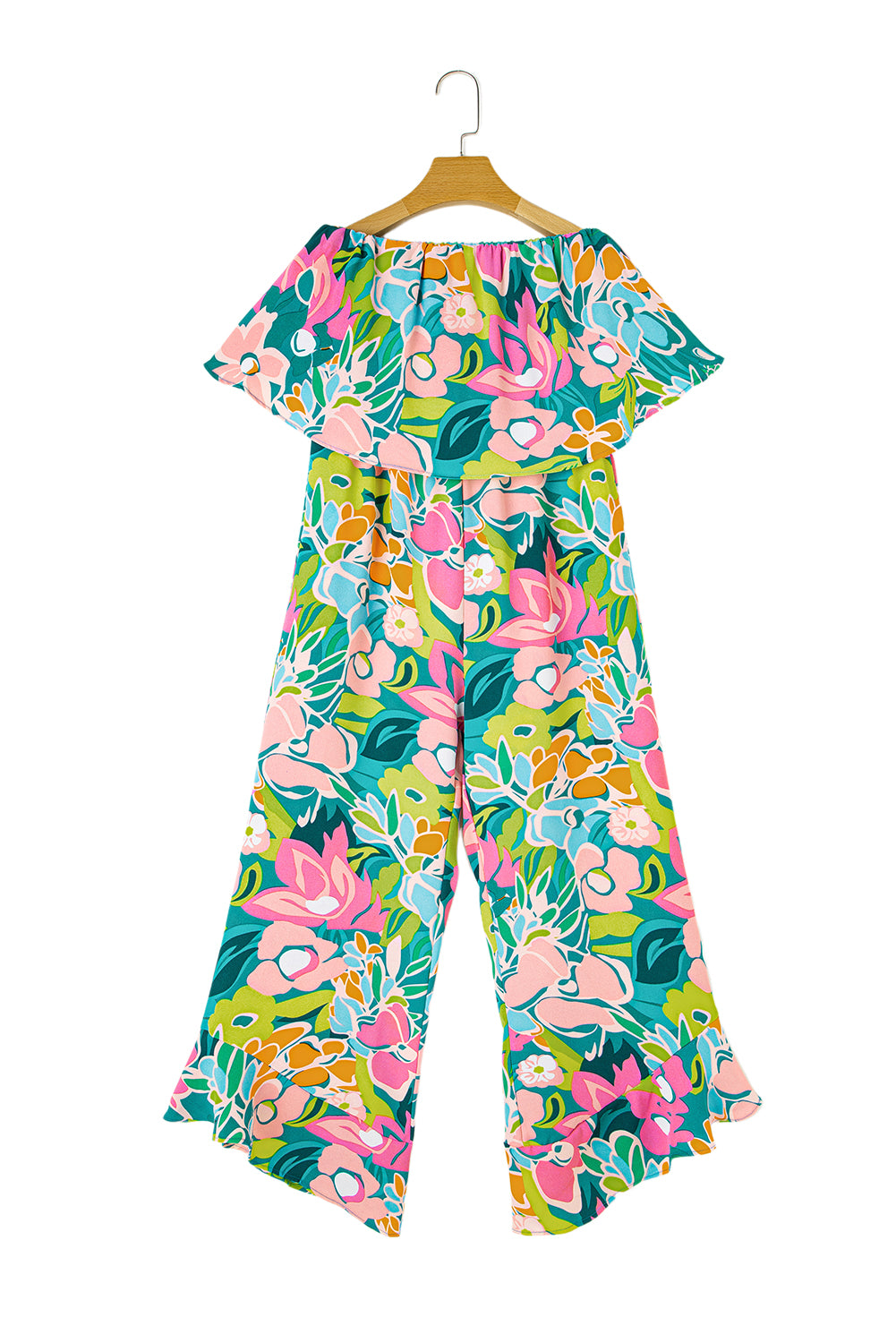 Grüner mix tropical print trägerloser geraffter jumpsuit