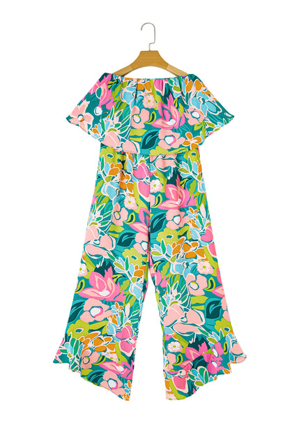Grüner mix tropical print trägerloser geraffter jumpsuit