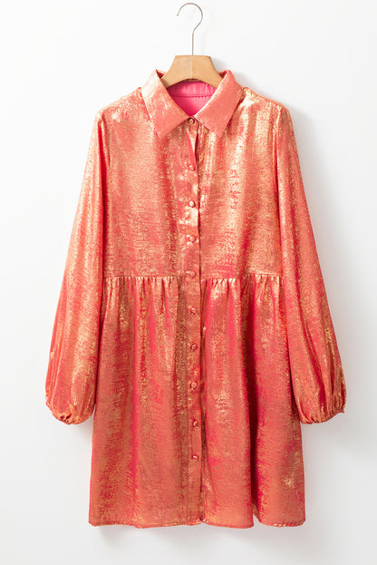 Peach blossom metallic sheen puffärmel button up mini shirt kleid