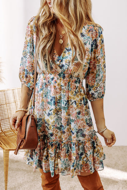 Himmelblau floral 3/4 ärmel v-ausschnitt hohe taille gerafftes kleid