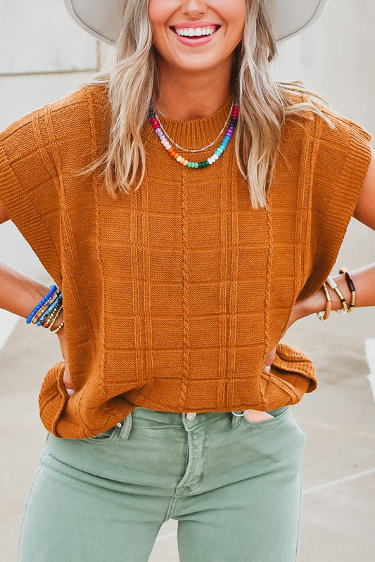 Kastanienbrauner kurzarmpullover mit gitterstruktur