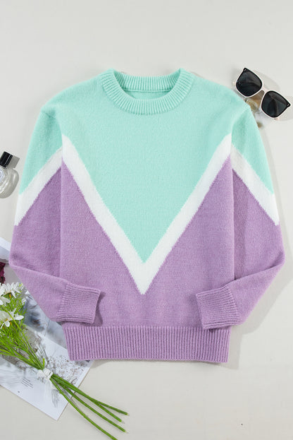 Grüner chevron colorblock strickpullover mit gerippten schultern