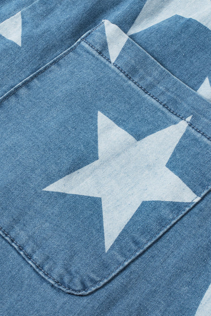 Star print geknöpftes band falte weites bein denim overall