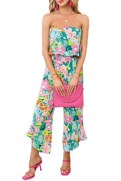 Grüner mix tropical print trägerloser geraffter jumpsuit