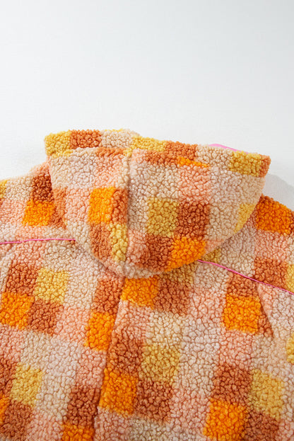 Orange karierte sherpa-kapuzenjacke