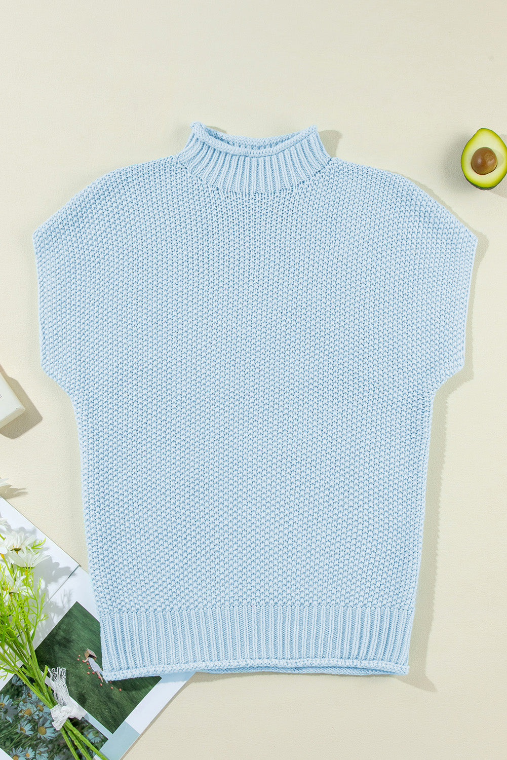 Island blau hochgeschlossener fledermaus-kurzarmpullover