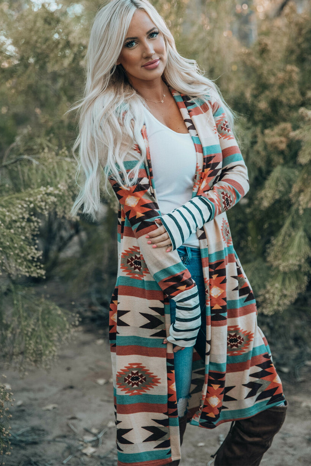 Mehrfarbig geometrisch farbe block offene vorderseite lange strickjacke