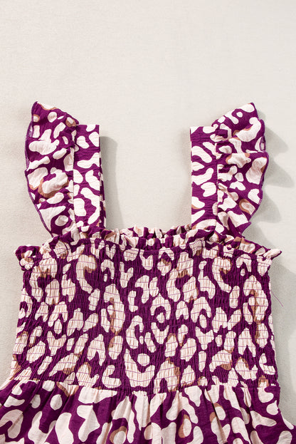 Rose leopard rüschenriemen gesmoktes langes kleid mit hoher taille