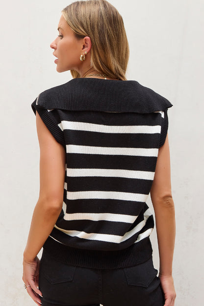 Schwarzer streifenstrickpullover mit reißverschlusskragen tank