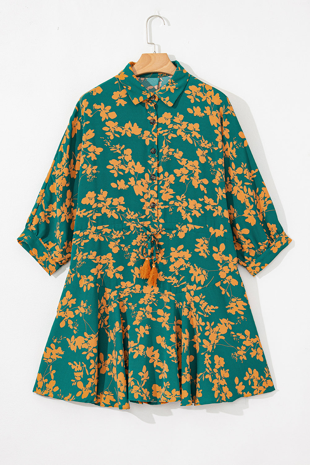 Grüner blumendruck kordelzug tunika kurzes kleid