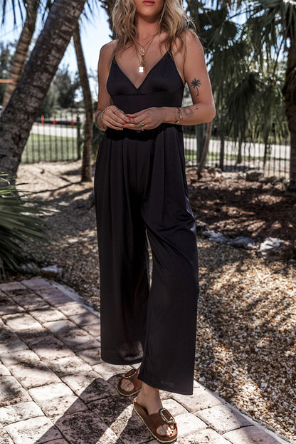 Schwarzes weites bein mit hoher taille sexy v-ausschnitt cami jumpsuit