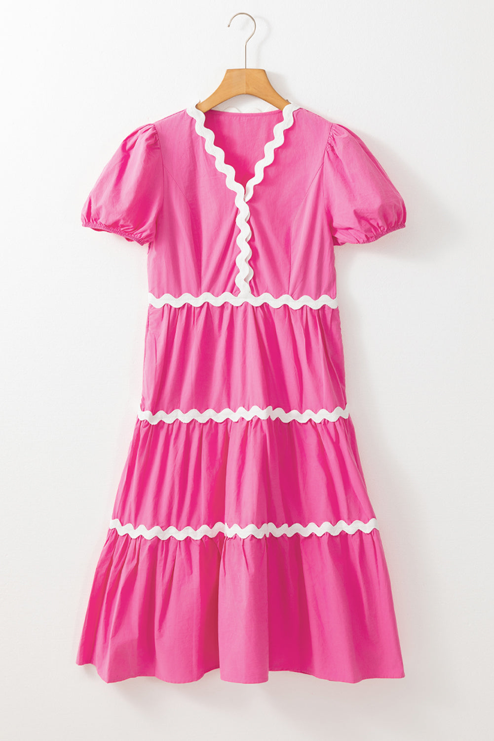 Bonbon-Ric-Rac-Besatz kurzes Midikleid mit fließenden Puffärmeln