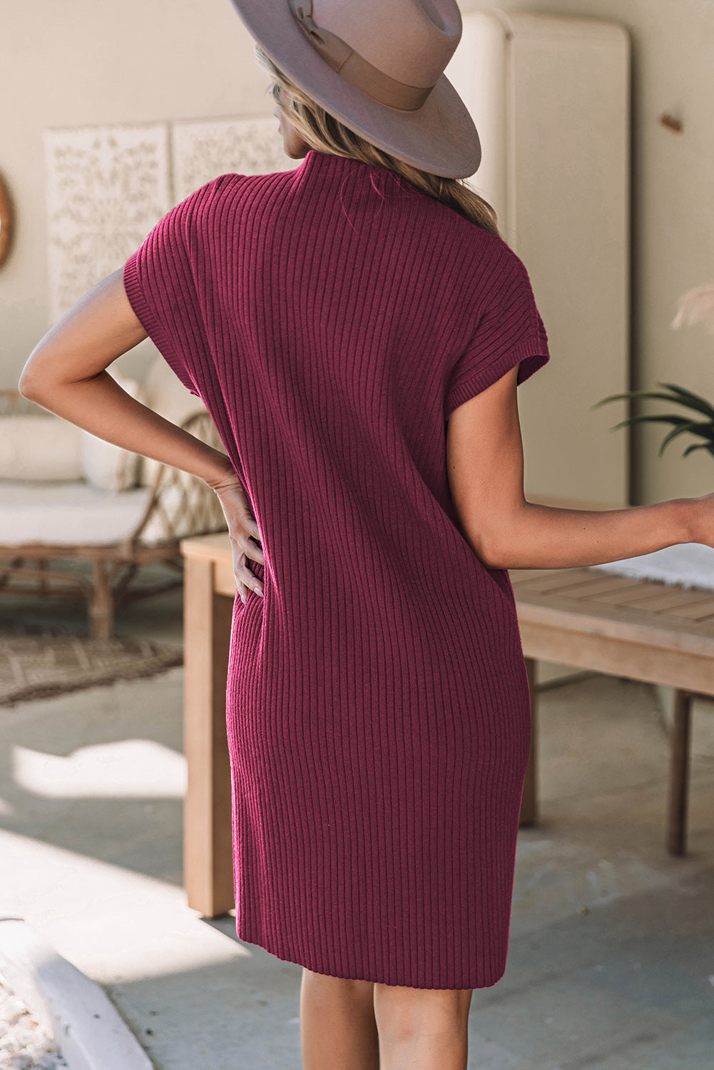 Red dahlia aufnäher tasche gerippt stricken kurze ärmel pullover kleid