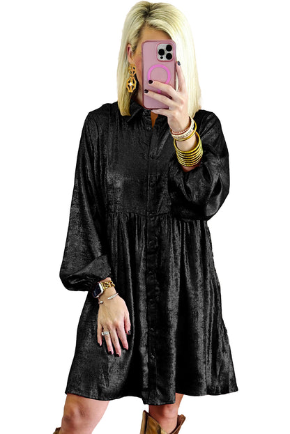 Schwarzer metallic-glanz puffärmel button up mini shirt kleid