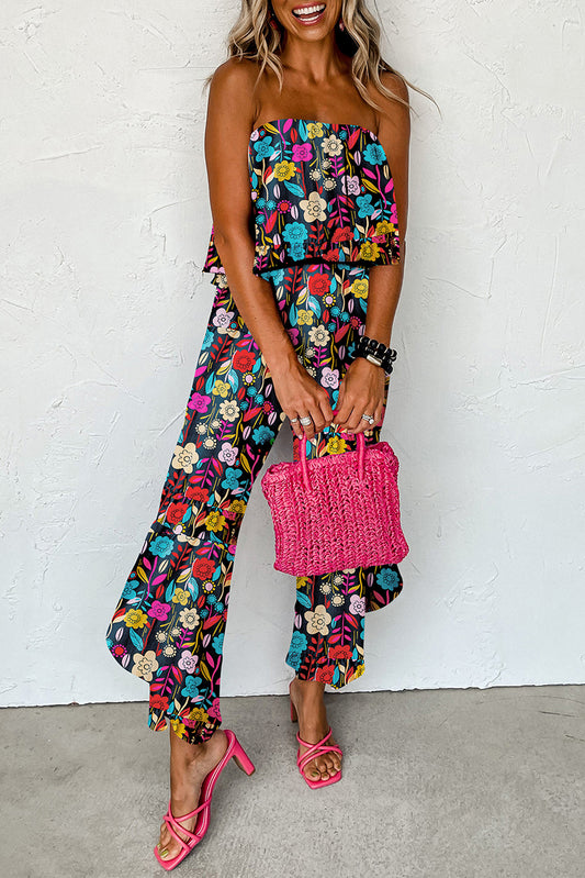 Rot mix tropical print trägerloser geraffter jumpsuit