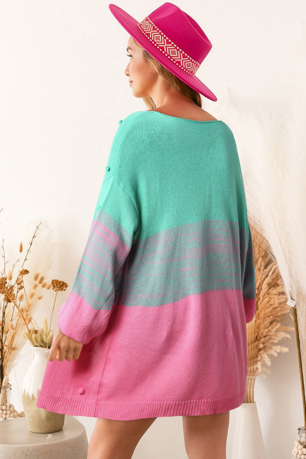 Rose pompom color block open front strickjacke