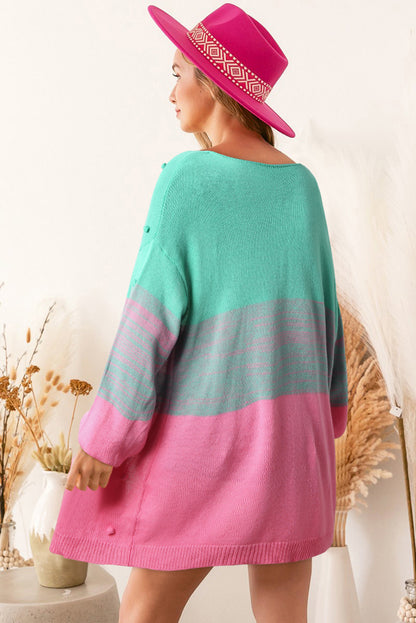 Rose pompom color block open front strickjacke
