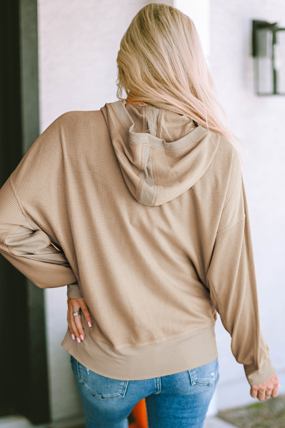 Khaki thermal waffle knit full zipper hooded jacket