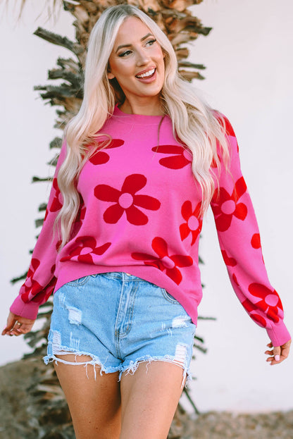 Rose big flower strickpullover mit gerippten abschlüssen