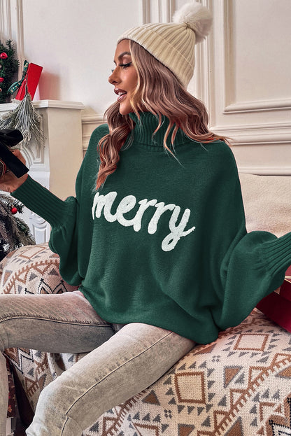 Schwarz-grüner pullover mit gesticktem buchstaben und hohem ausschnitt