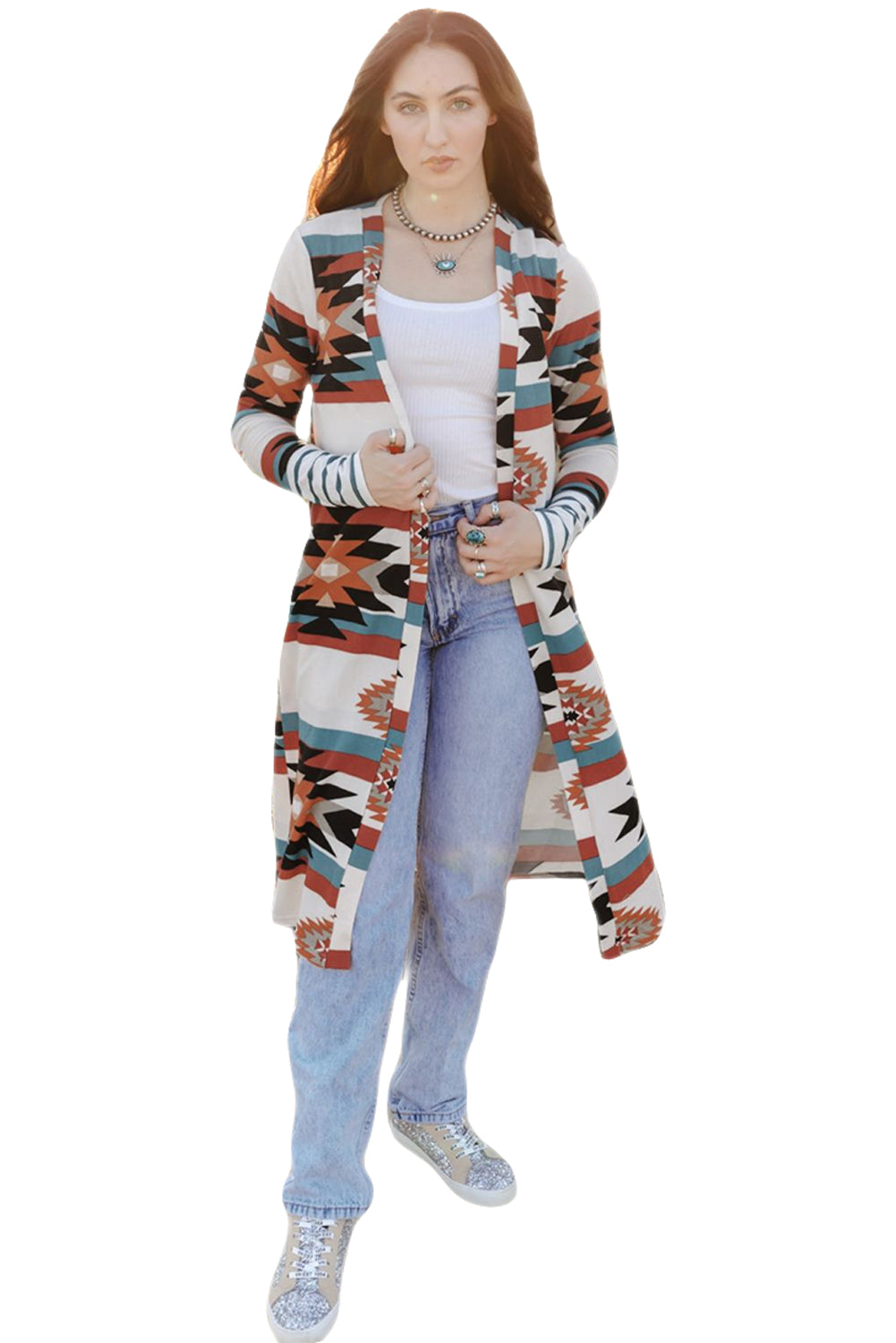 Mehrfarbig geometrisch farbe block offene vorderseite lange strickjacke