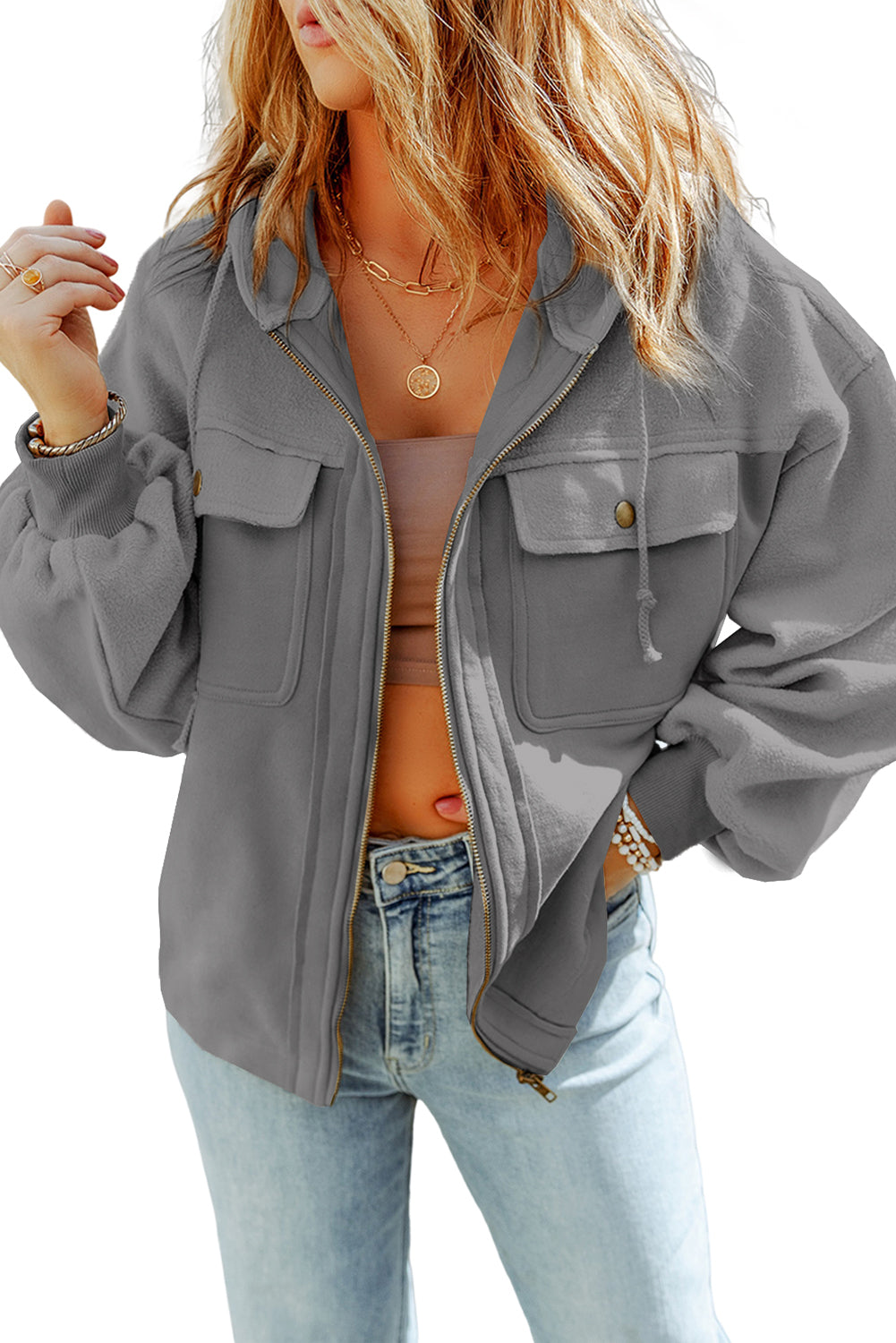 Graue klappentasche mit kordelzug kapuze zip up jacke