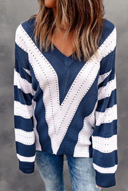Blau gestreifter colorblock v-ausschnitt strickpullover