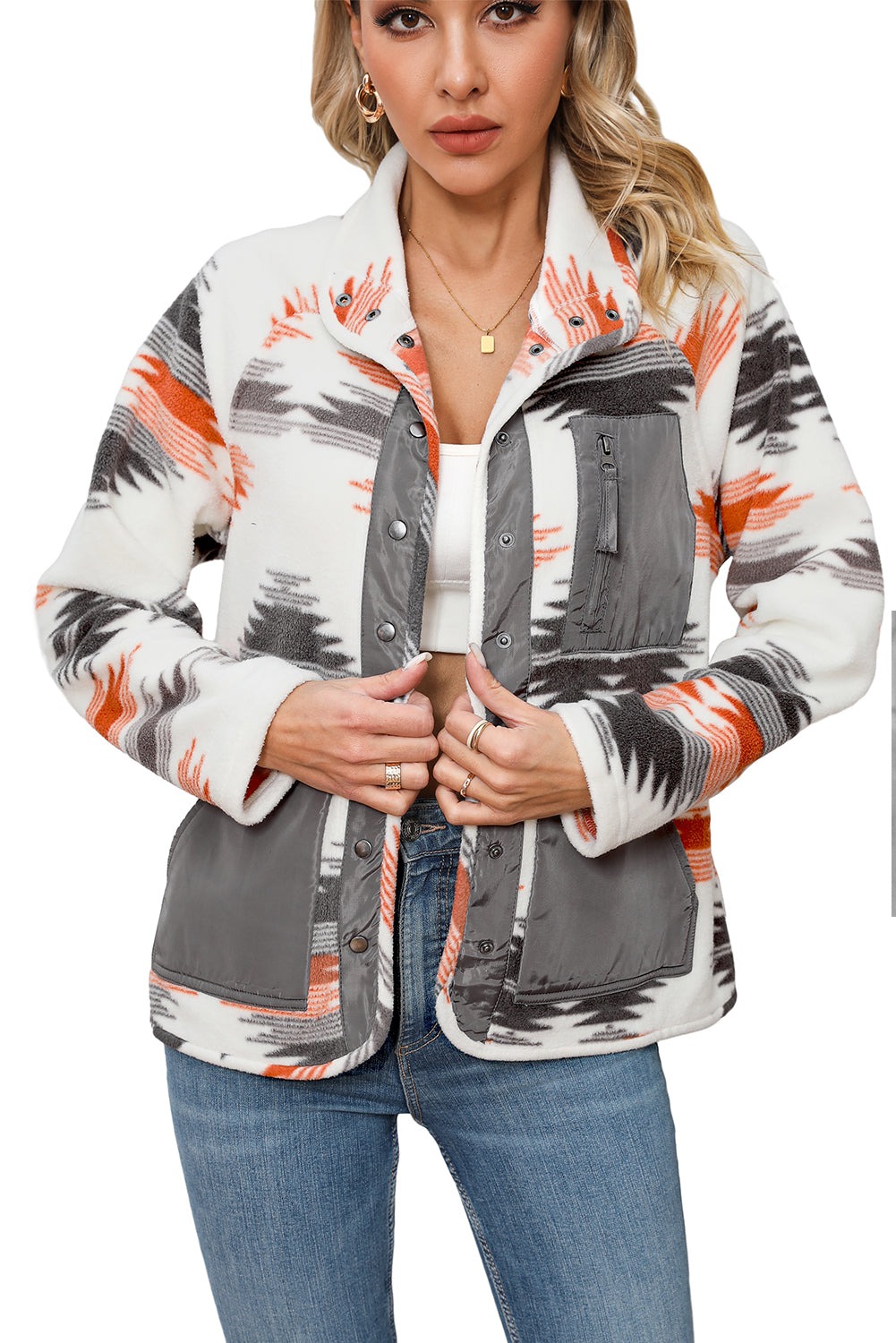 Mehrfarbige azteken fleece patchwork jacke mit druckknöpfen