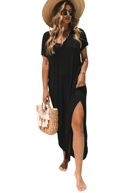 Schwarzer v-ausschnitt mit versteckten taschenschlitzen maxi-t-shirt-kleid