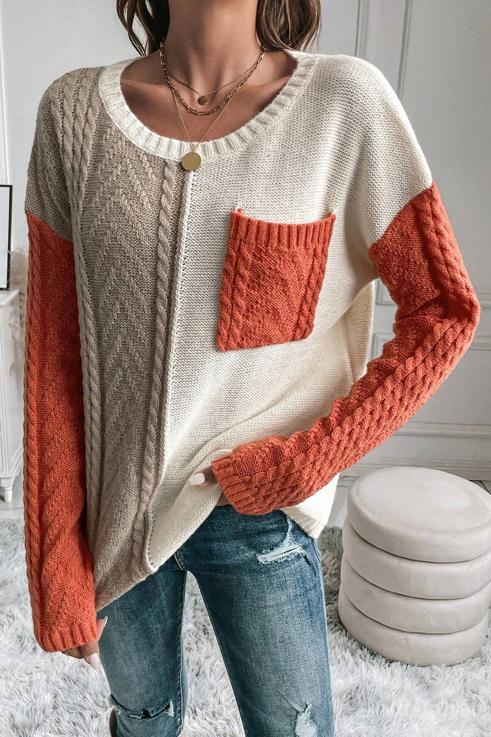 Gold flame colorblock pullover mit aufgesetzten taschen und schultertaschen