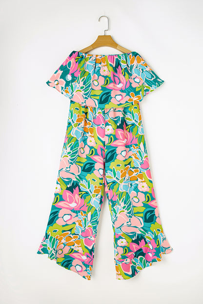 Grüner mix tropical print trägerloser geraffter jumpsuit