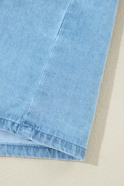 Myosotis Geraffter V-Ausschnitt Geknöpftes Shift-Denim-Kleid
