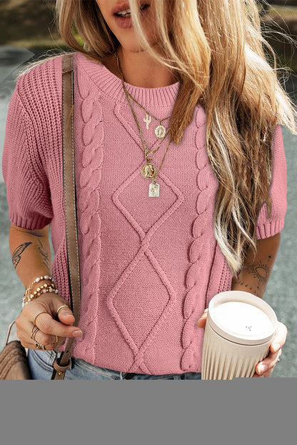 Rosa kabelstrickpullover mit gemischter struktur und kurzen ärmeln