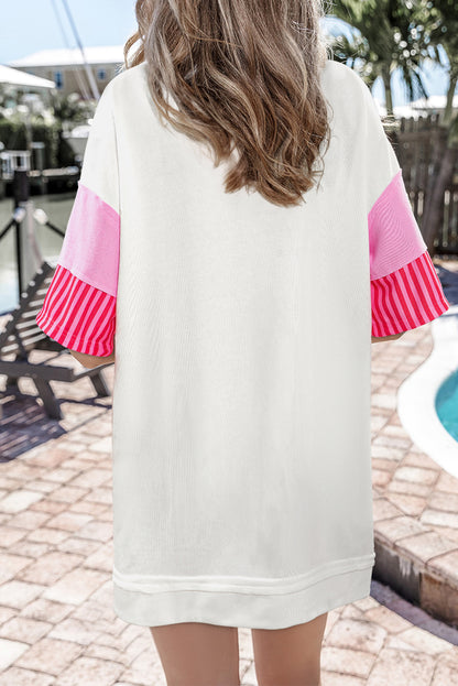Weißes gestreiftes colorblock patchwork kurzarm-t-shirt-kleid