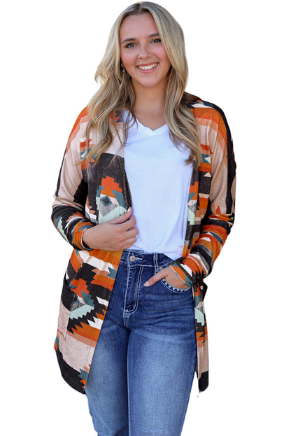 Orangefarbene strickjacke mit aztekischem stammesmuster
