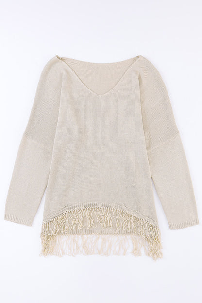 Khaki leichter strickpullover mit fransensaum