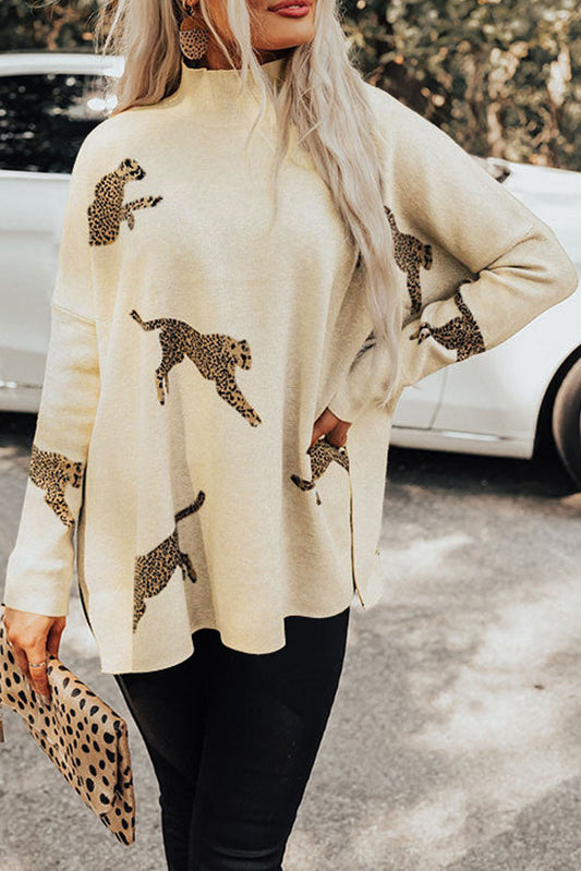 Pergament lebendiger geparden-print pullover mit hohem ausschnitt und geteiltem saum