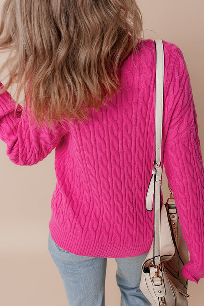 Rose red solid kabel stricken hohen hals drop shoulder pullover