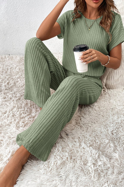 Grasgrün solide farbe gerippt kurzarm weites bein jumpsuit