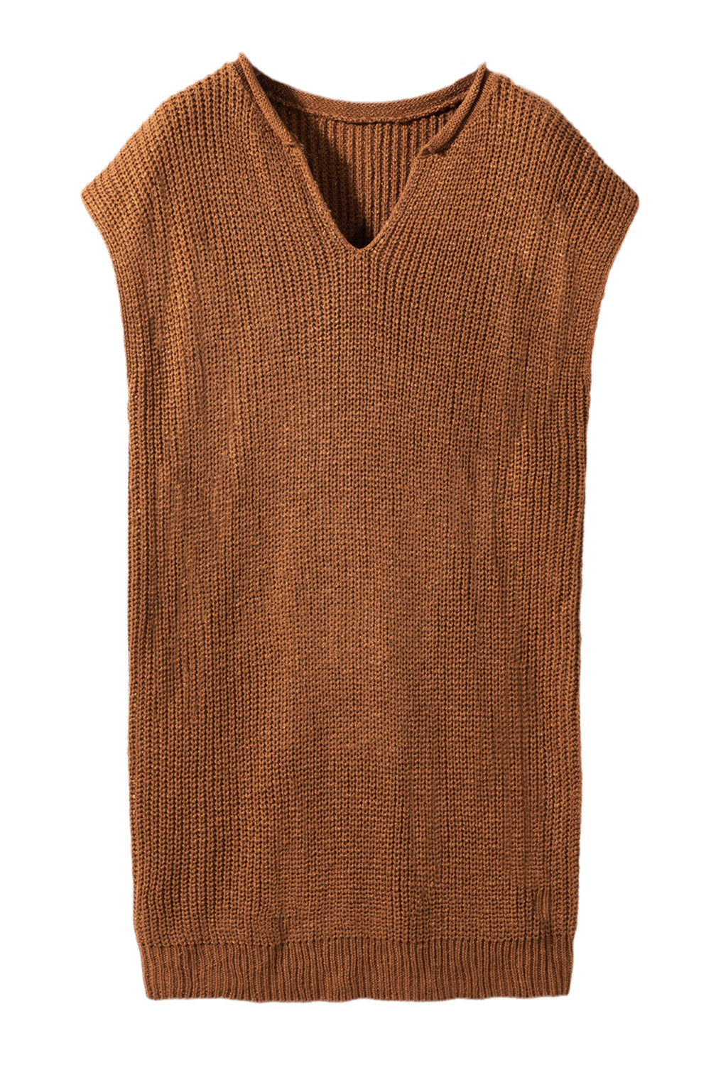 Kamelfarbenes pulloverkleid mit kurzen ärmeln und v-ausschnitt