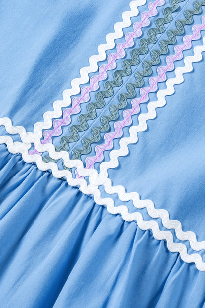 Beau blue ric rac colorblock flutter sleeve v neck tiered dress