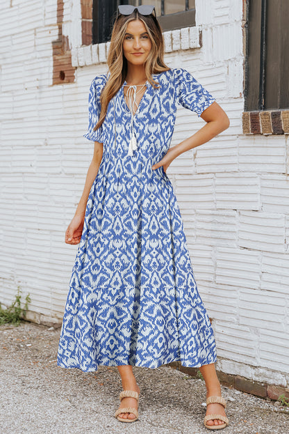 Himmelblau V-Ausschnitt Casual Geometric Print Maxikleid