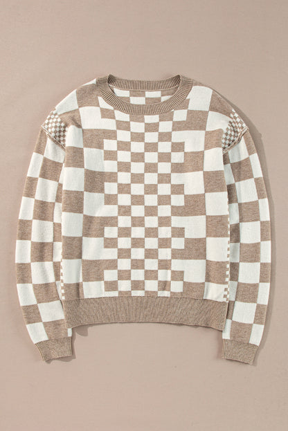 Khaki karo print drop shoulder rundhalsausschnitt pullover