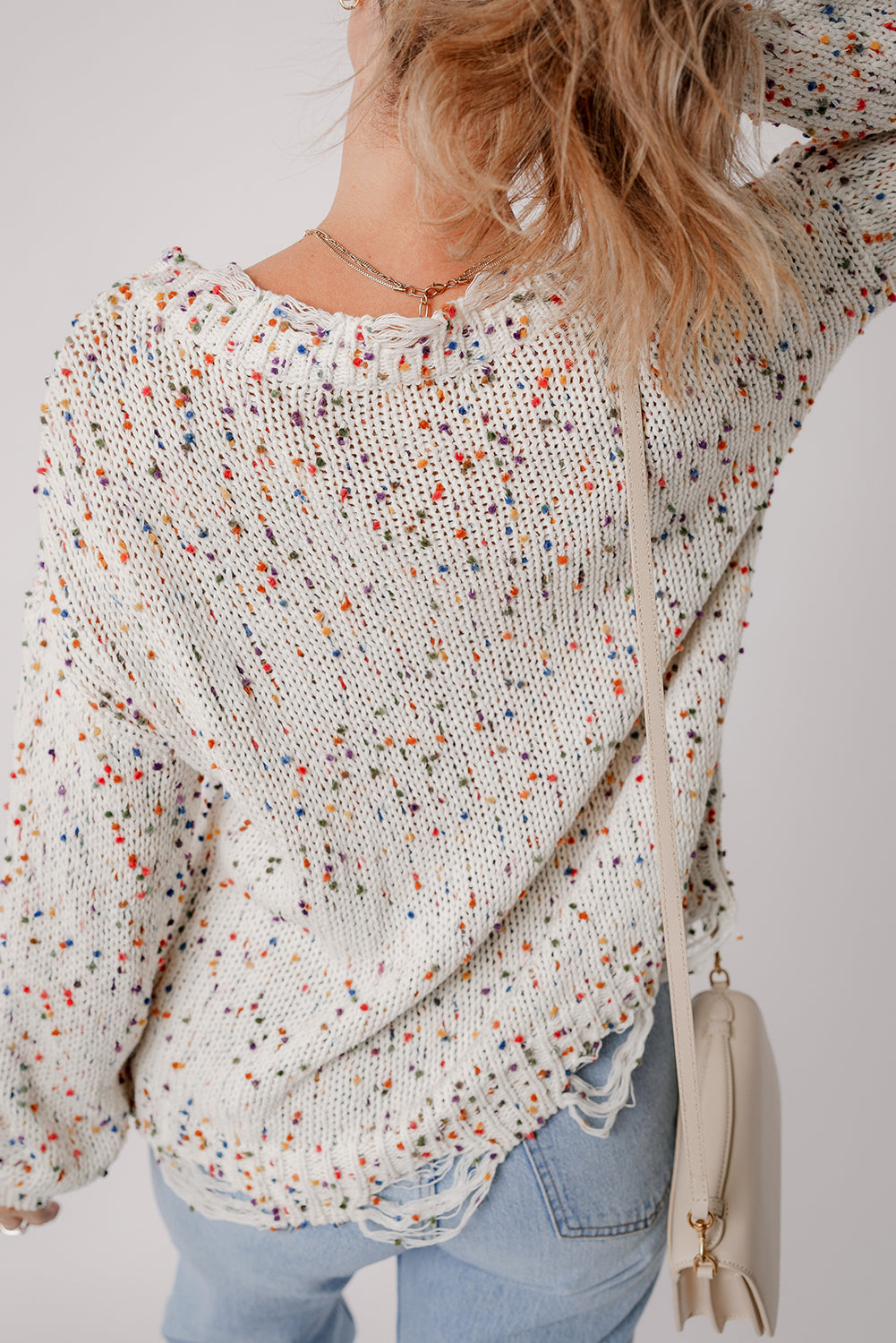 Weißer bunter konfetti distressed strickpullover