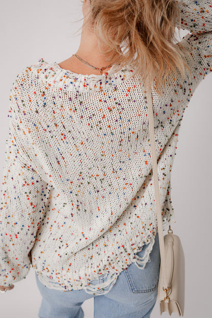 Weißer bunter konfetti distressed strickpullover