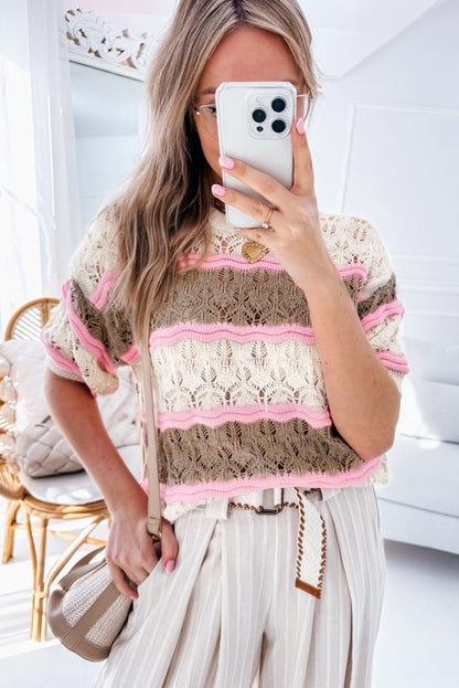 Brown stripe color block hollow out crochet half sleeve pullover