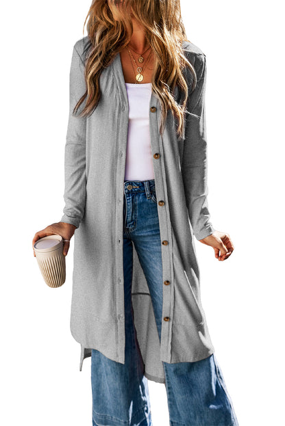 Grauer gerippter, geteilter duster cardigan mit knopfleiste