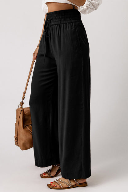 Schwarzer kordelzug elastische taille lässige hose mit weitem bein