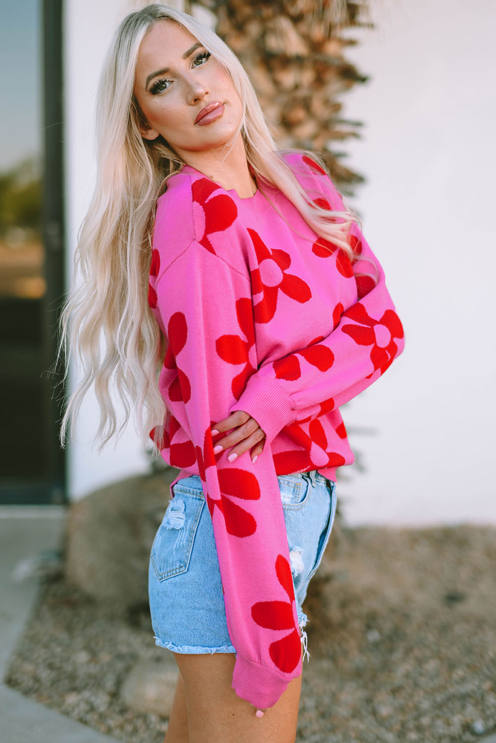 Rose big flower strickpullover mit gerippten abschlüssen
