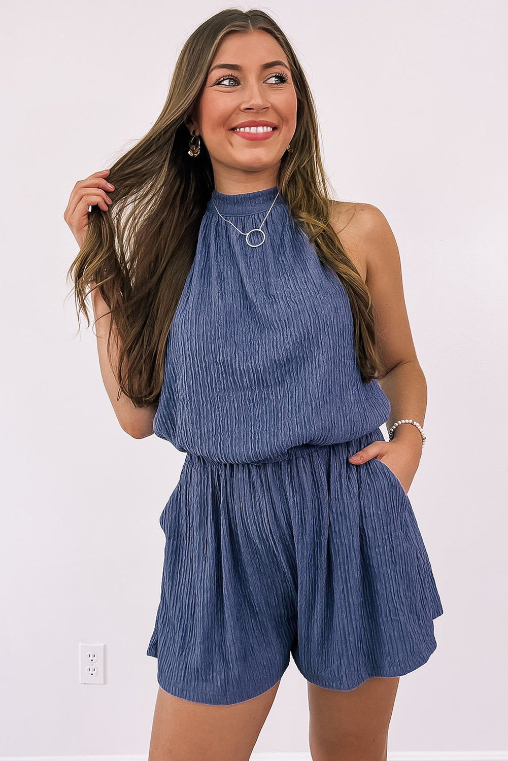 Bluing knot zurück hohen hals crinkle strukturierte romper